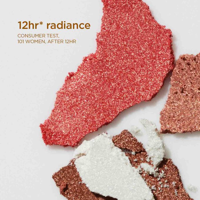 Close-up of various blush powder shades, with text illustrating the palette’s 12-hour radiance for a  vibrant glow