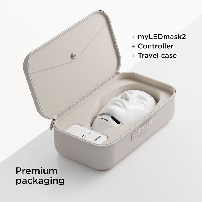 Close-up on myLEDmask2's premium packaging with its travel case and controller