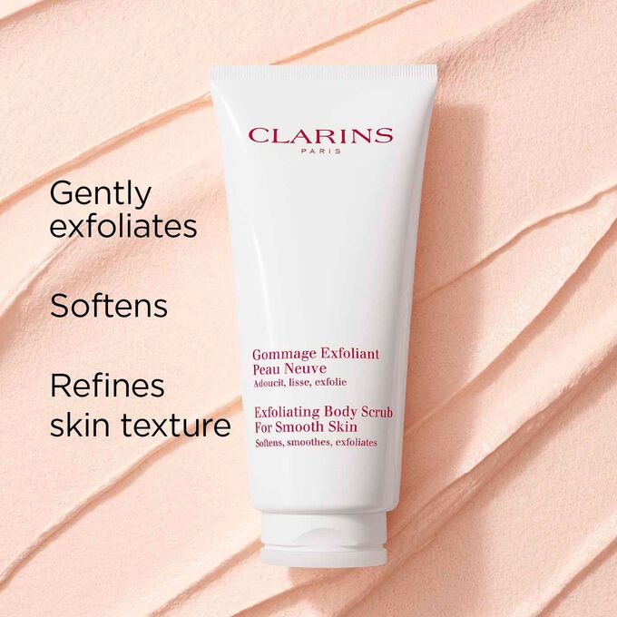 Packshot of Clarins Exfoliating Body Scrub on a textured background, illustrating its gentle exfoliating and softening effects.