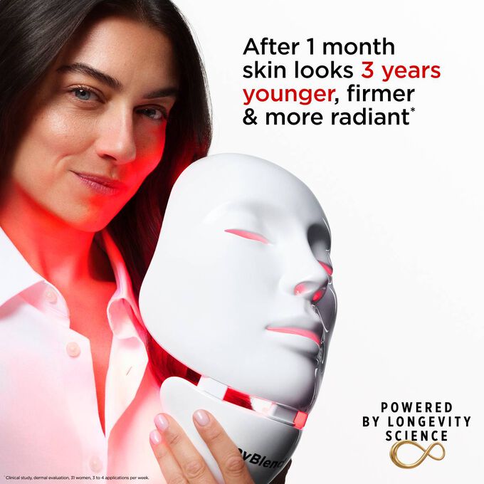 Close-up on model holding myLEDmask2 for face and neck, claiming its benefits to make the skin looks younger, firmer and more radiant