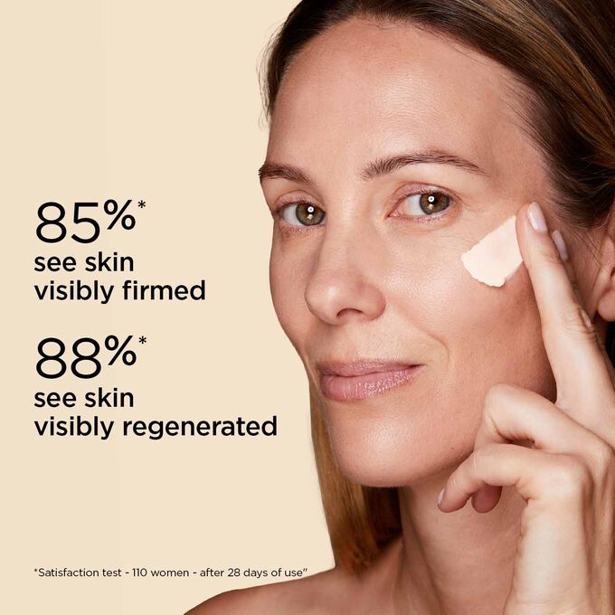Close-up of a woman's cheek to show 88% of users saw visibly regenerated skin with Clarins Extra Firming skin care.
