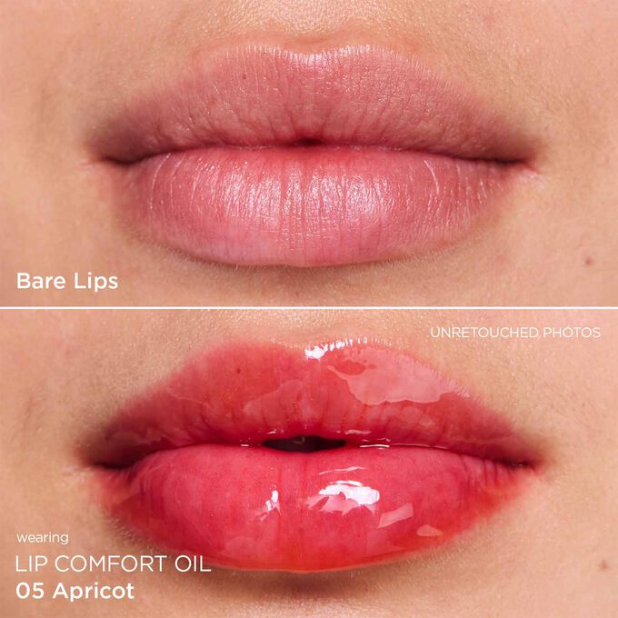 Before and after close-up of a woman’s lips, showing the results after applying the orange ton lip oil