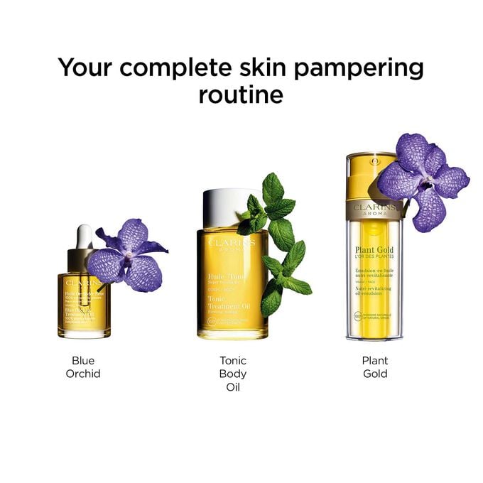 Blue Orchid Treatment Oil skin pampering routine  with Tonic Body Oil and Plant Gold