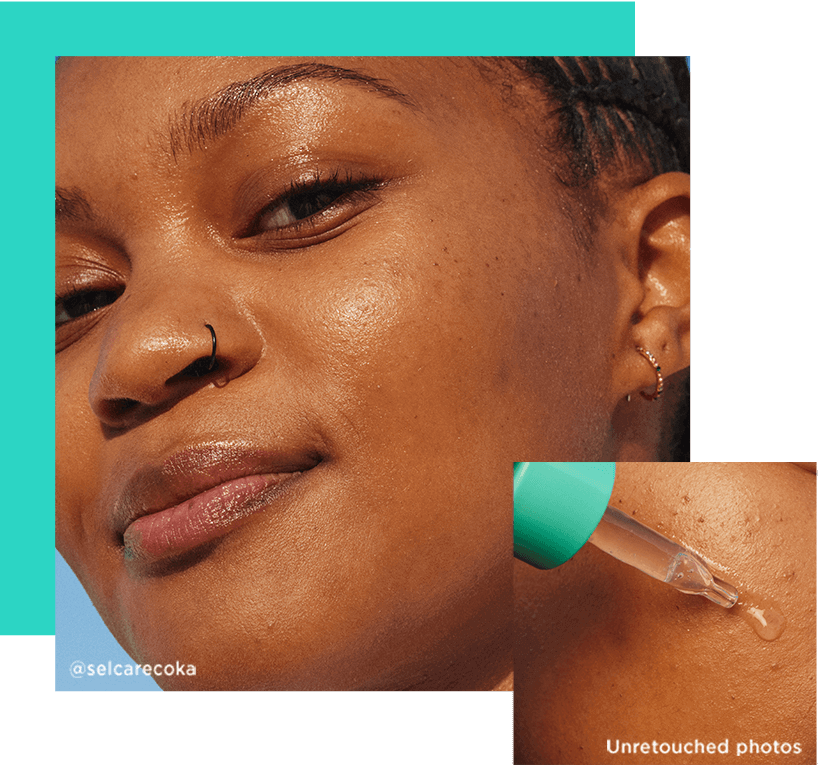 Turquoise coloured background, Model oily skin, Texture on skin serum Turquoise coloured background, Model oily skin, Texture on skin serum