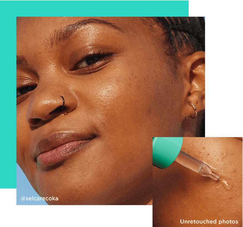 Turquoise coloured background, Model oily skin, Texture on skin serum